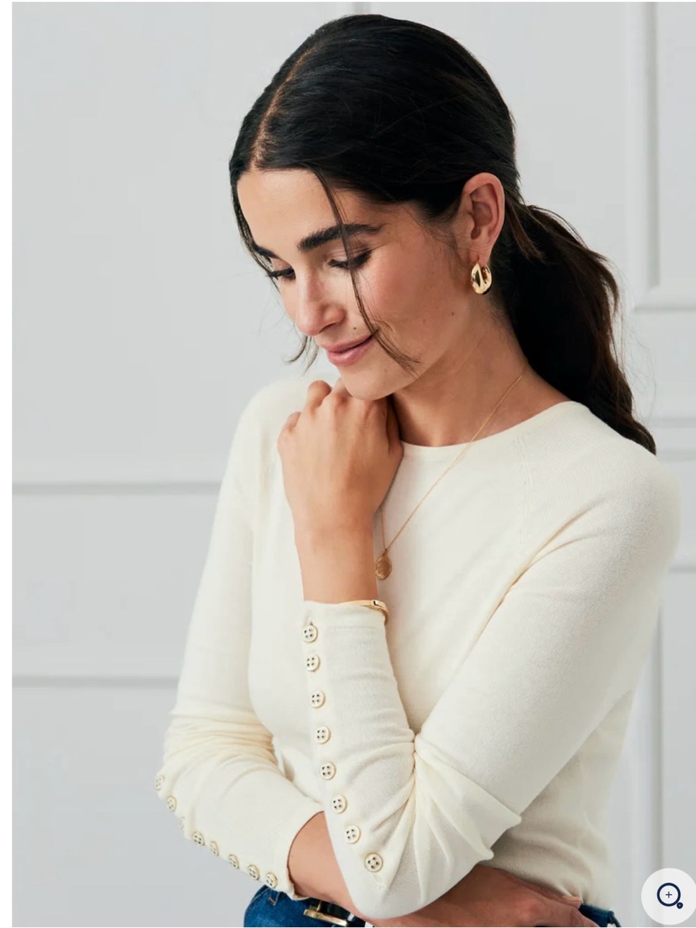 J McLaughlin Jamey Sweater Egret White Scoop Neck Button-Cuff  M